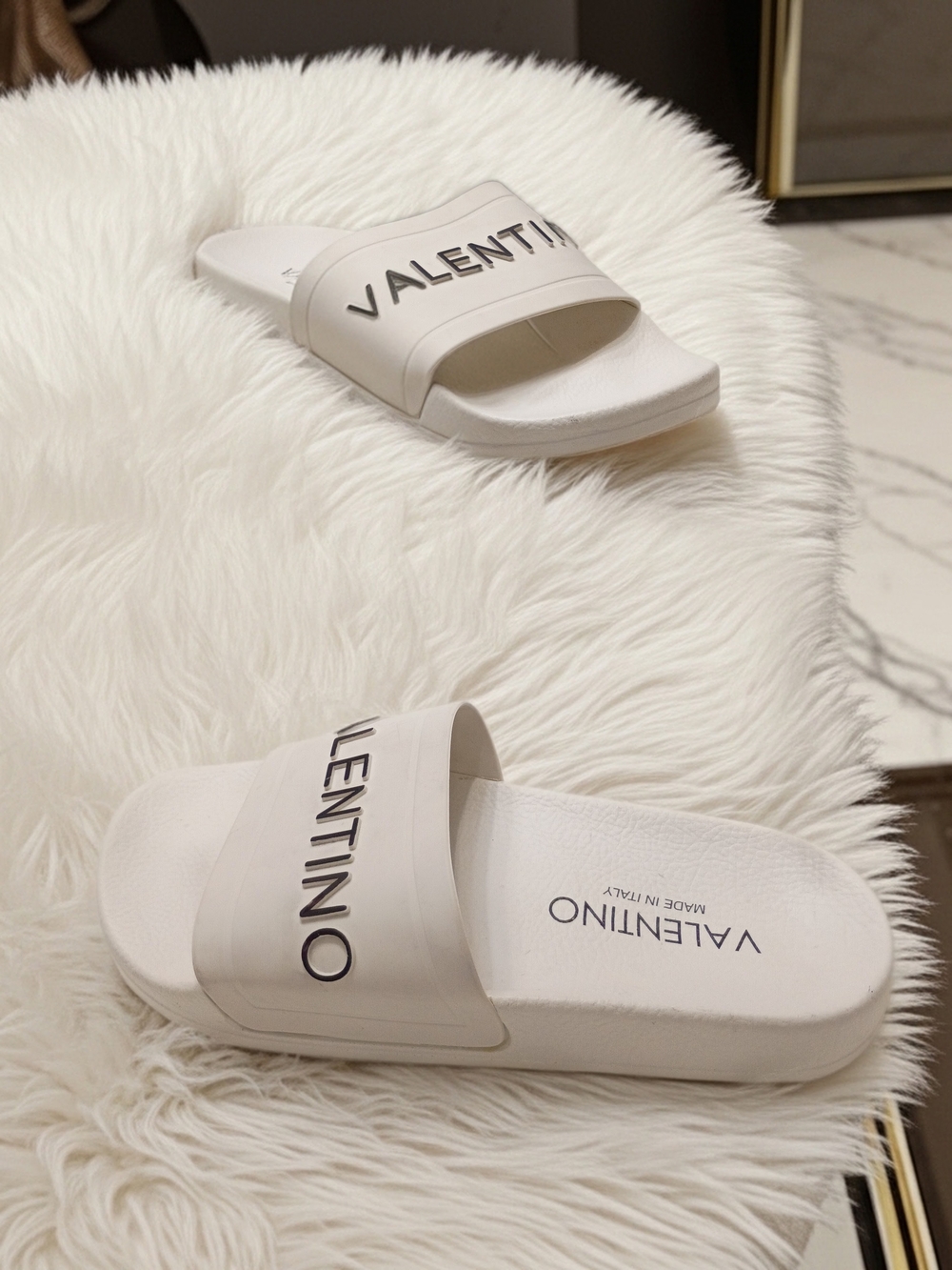 Valentino White Made In Italy Logo Slide Slip On Sandals with Black Lettering
